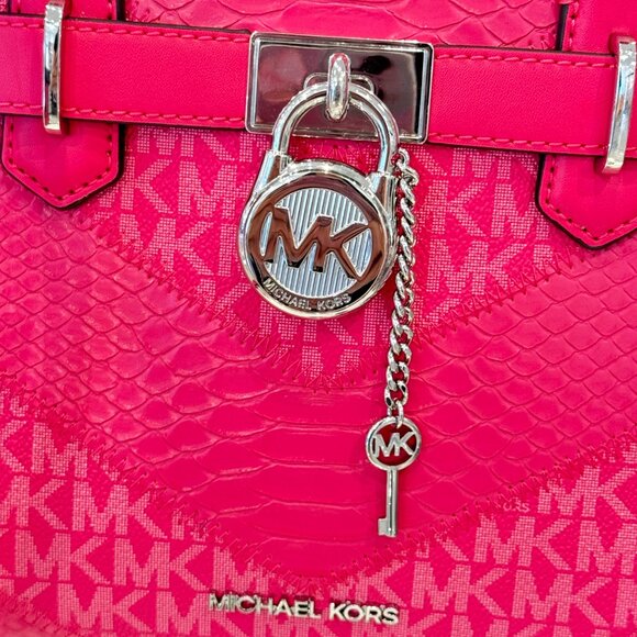 Michael Kors Hamilton Small Satchel Shoulder Bag MK Electric Pink Multi Exotic - Picture 15 of 15